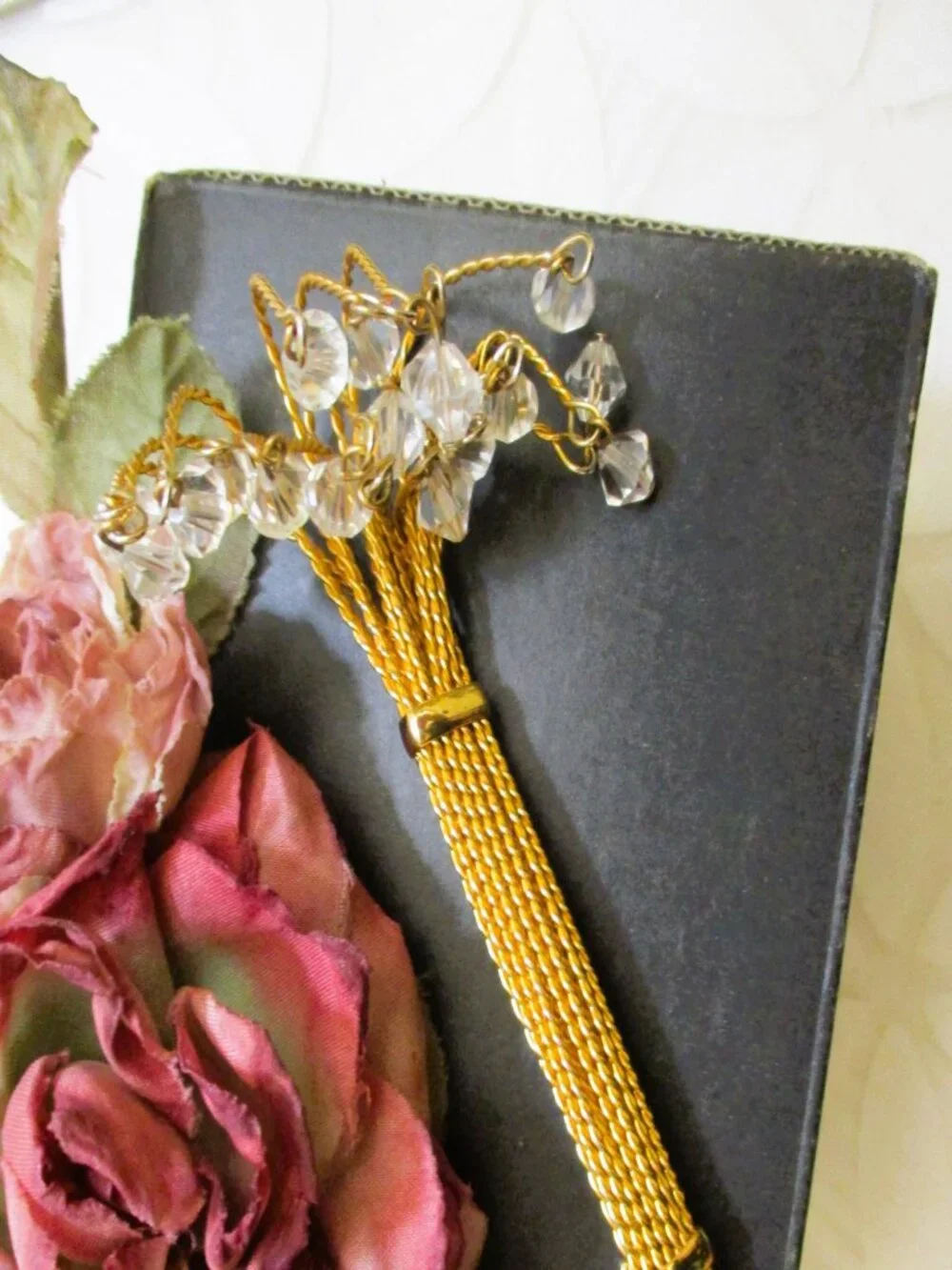 VINTAGE Fountain Spray Brooch: Gold Plate Crystal Dangle Statement Jewelry